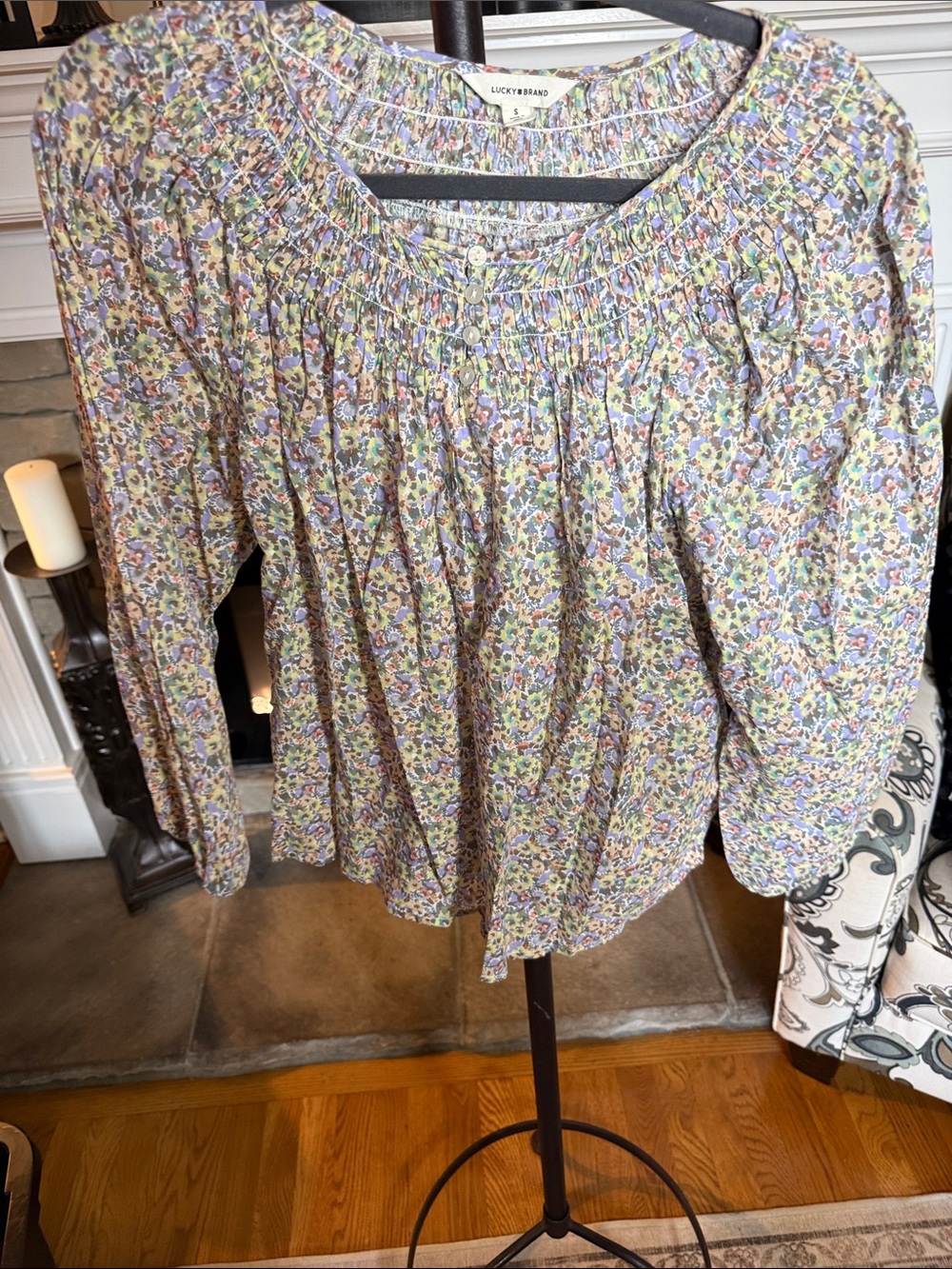 Lucky Brand Lavender Floral Smocked Peasant Blouse